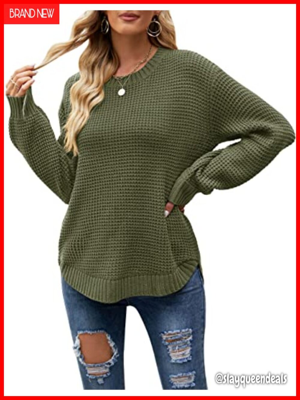 Waffle Knit Oversized Sweater Long Lantern Sleeve Crew Neck Pullover